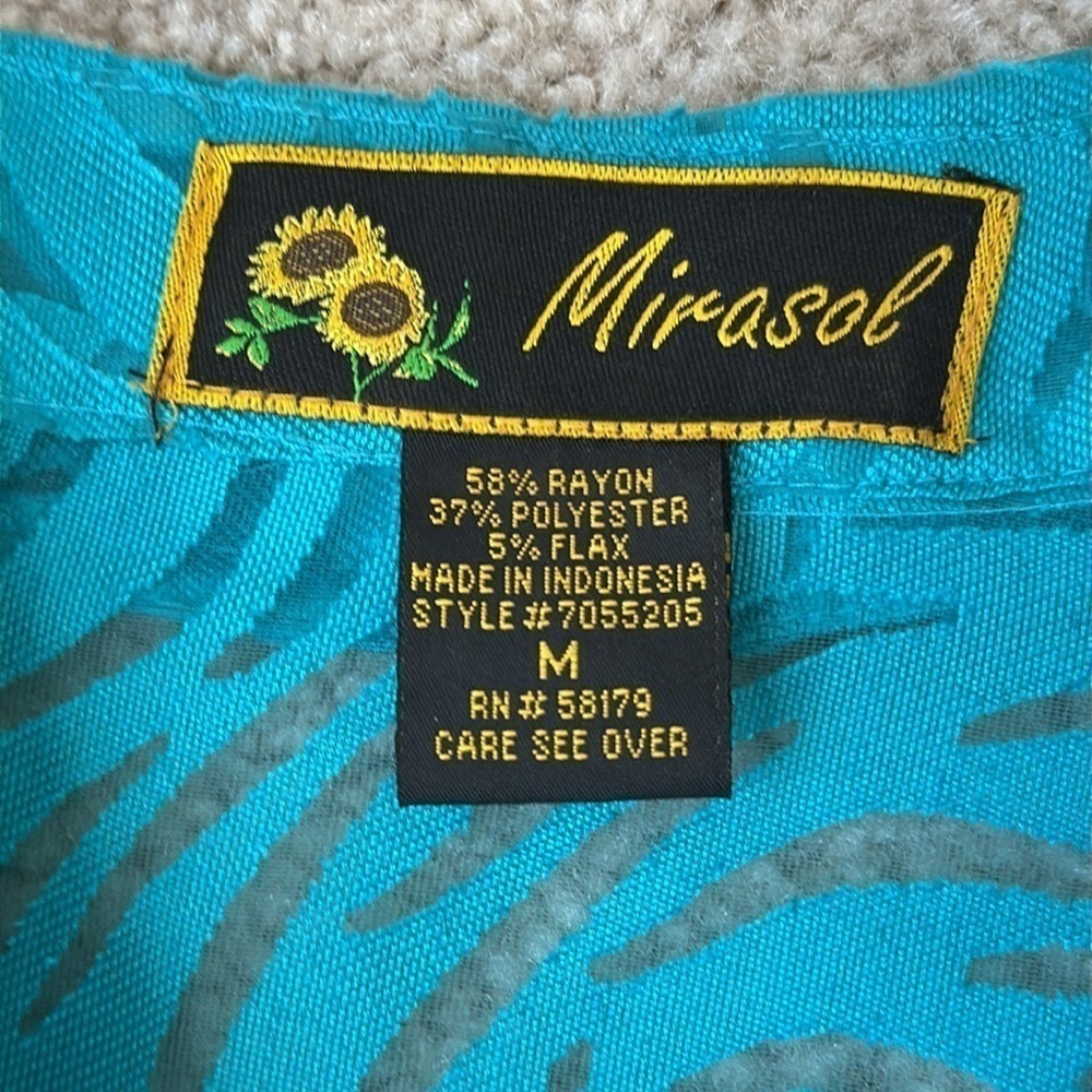 Vintage Mirasol Turquoise Burnout Shirt Flax Blend  Button Up Lightweight Medium - Picture 9 of 9